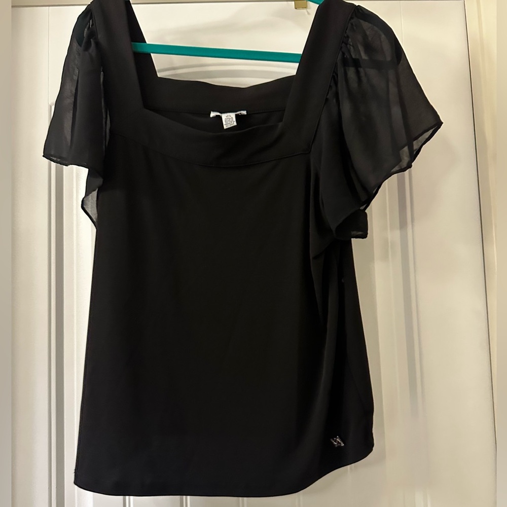 Calvin Klein Black Sheer Flutter Sleeve Blouse